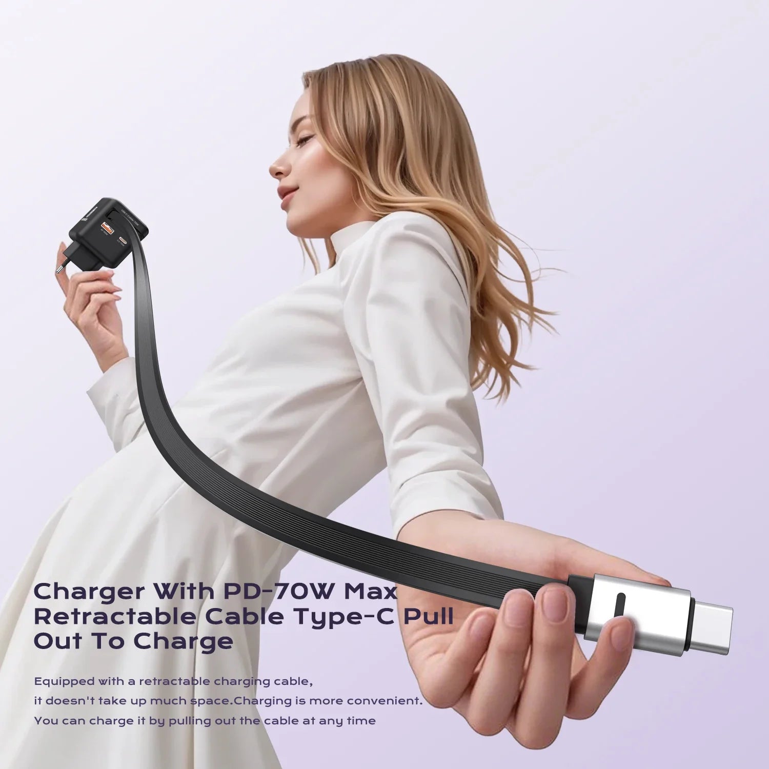 70W GaN急速充電器 Type-Cケーブル一体型 3in1 PD3.0 QC4.0 PPS対応 iPhone 16/15/14、Xiaomi、タブレット、ノートPC用