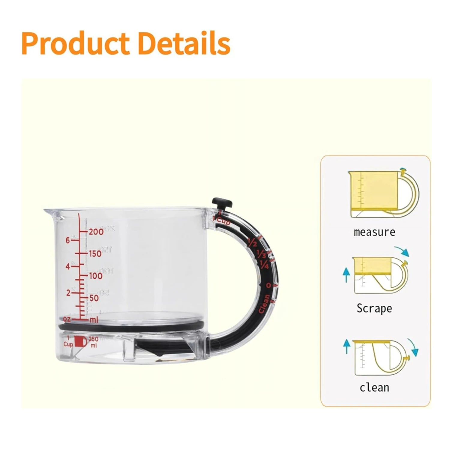 【4-in-1】多機能 計量カップ｜調節可能 スクレーパー一体型 キッチン用 調理器具
